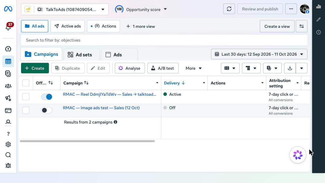 Ads Manager campaigns view: the reel sales campaign is Active and the image ads test campaign is switched Off