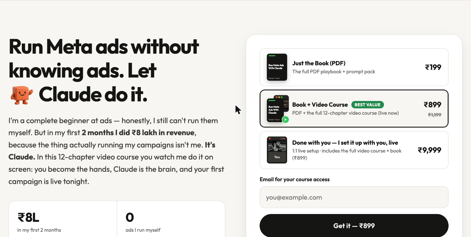 The landing page my reel ad points to: headline "Run Meta ads without knowing ads. Let Claude do it." next to a three-option buy box