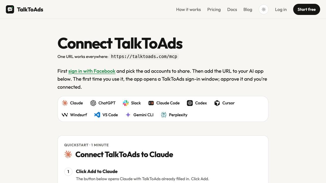 The connect page: one MCP URL that works in Claude, ChatGPT, Slack, Claude Code, Codex, Cursor, Windsurf, VS Code, Gemini CLI and Perplexity
