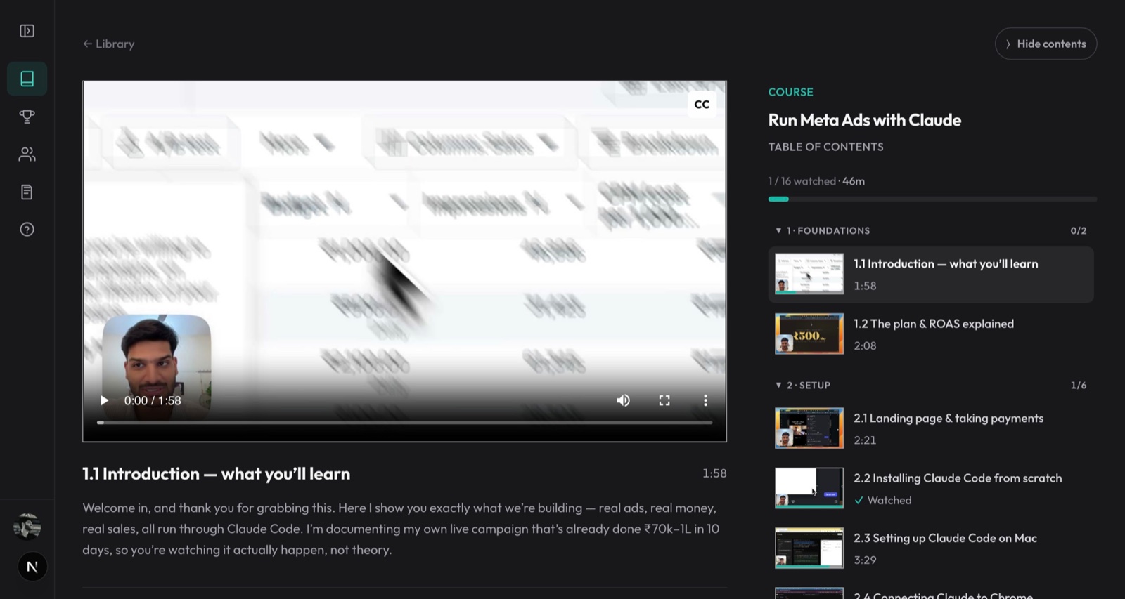 CourseCut course player: lesson video with captions, chapter sidebar, progress